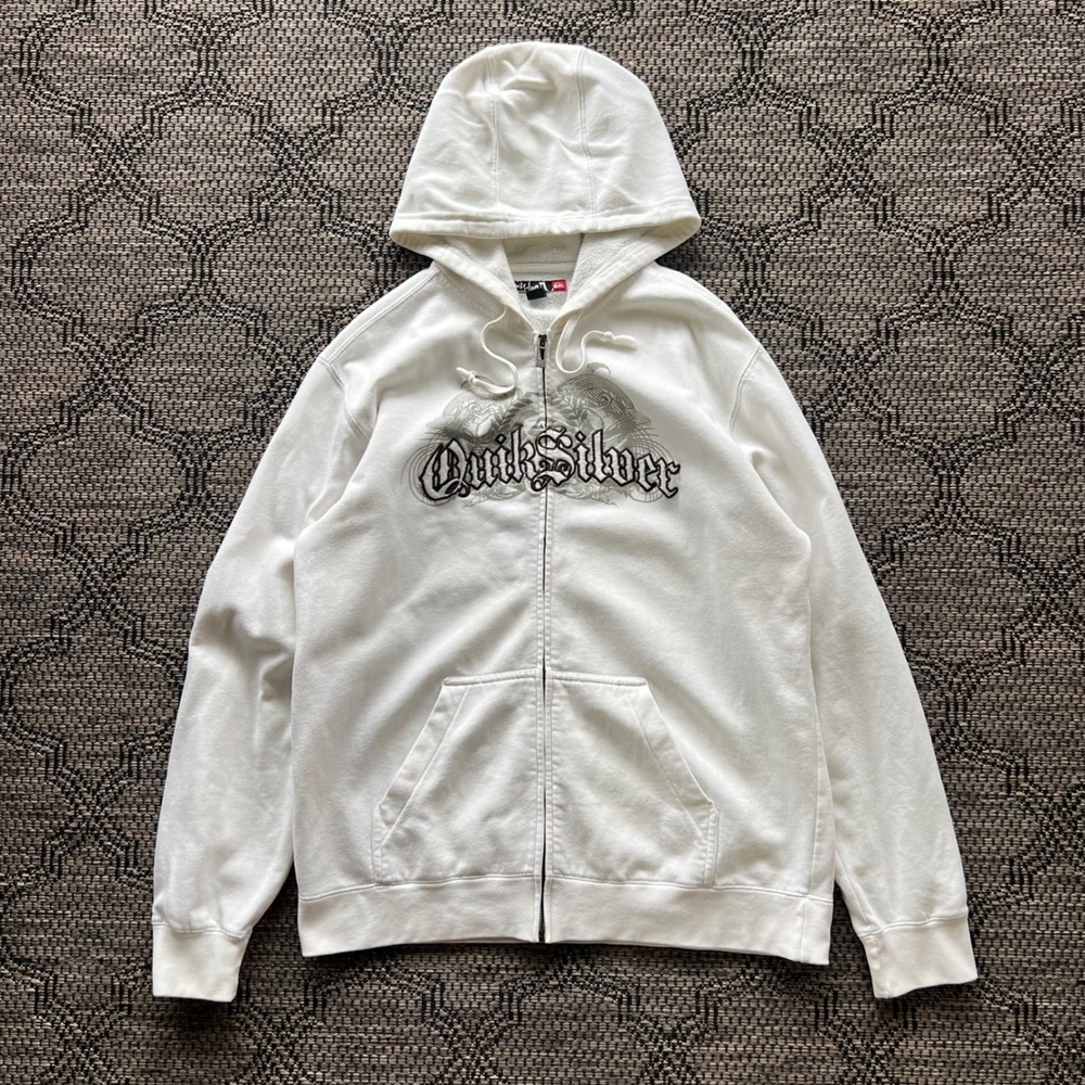 Vintage Quiksilver Sweater Mens Large White Hoodie Zip Up Y2K Skate Surf Grunge